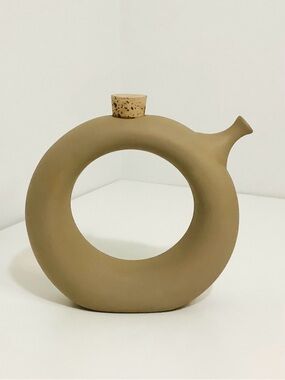 Vintage Ceramic Circle Donut Style Wine Decanter w/ Cork Stopper - Taupe